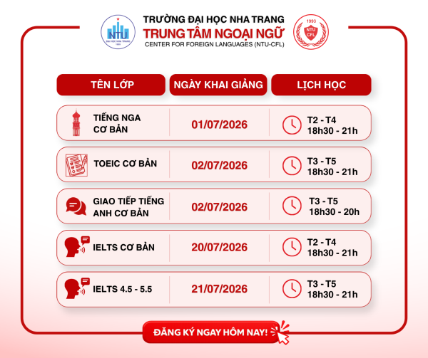 Chiêu Sinh Các Khóa Ngoại Ngữ Tháng 07/2026 | Trung tâm Ngoại ngữ Đại học Nha Trang